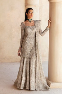 Premium Pakistani Bridle <b>Dress</b> <b>Silver</b> Metallic Sculptural Bridal Gown Featuring Bold Structured Padded Shoulders Intricate - Product Image 6