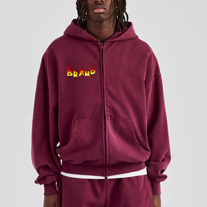 Sweat-shirt à capuche zippé bordeaux pour homme, coupe classique, logo flamme, poche avant, 100 % polyester polaire, imperméable et coupe-vent, vente en gros - Product Image 4