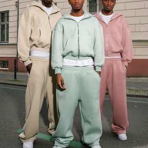 Ensemble de survêtement oversize à fermeture éclair intégrale pour homme, style streetwear, en mélange de coton épais 500 GSM, avec sweat à capuche et pantalon de jogging ample, tenue de sport - Product Image 2