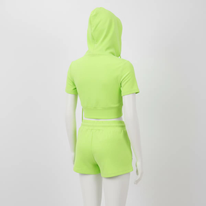Women's Casual 2 Piece Hooded Sleeveless Crop Top Shorts <b>Set</b> Zipper Sporty Solid Color Summer <b>Knitted</b> Polyester/Cotton Outfit - Product Image 5