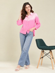 เสื้อเชิ้ตผู้หญิงสีชมพูไล่เฉดสี กระดุมหน้า แขนสามส่วน ปกคอพับ เสื้อเชิ้ตป๊อปลินลำลอง ใส่ได้ทั้งฤดูใบไม้ผลิและฤดูร้อน - Product Image 2