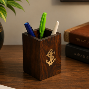 Handmade Indian Rosewood Pen Holder | Brass Anchor Inlay Wooden <b>Desk</b> Organizer | Luxury Office Table Pen Stand Gift Decor - Product Image 2