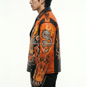 Blouson en cuir orange personnalisé pour homme, motif graphique Sun Wukong, veste de moto, streetwear Roi Singe, vente en gros - Product Image 4