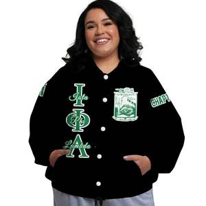 Iota Phi Lambda Women Custom Chapter Varsity Jacket Black Emerald Green Greek Letters Crest Number Year Bomber Coat Personalized - Product Image 1