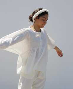 Women's Organic Cotton Double Gauze Vintage Pleated Peasant Blouse | Mandarin Collar Spaghetti Strap <b>Top</b> | Bohemian Style - Product Image 1