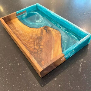Premium Artisan Turquoise <b>Epoxy</b> Resin Walnut Wood Deep Serving Tray With Integrated Handles For Hotel Restaurant Kitchen Platter - Product Image 1