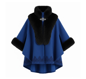 Manteau Cape en Laine Bleue pour Femme avec Col et Poignets en Fausse Fourrure Noire – Poncho Élégant et Chaud pour l'Hiver – Vêtement d'Extérieur Tendance – Vente en Gros OEM Personnalisée - Product Image 1
