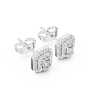 Pendientes de oro macizo de 18 quilates con diamantes de laboratorio de corte esmeralda, doble halo y microengaste, joyería fina para mujer - Product Image 6