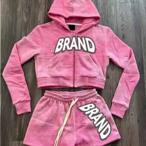 Conjunto Deportivo de Forro Polar con Capucha Rosa para Hombre, Impermeable, con Cierre Frontal de Cremallera, Logotipo de Marca, Pantalones Cortos Casuales, Manga Larga, Ropa de Invierno - Product Image 1