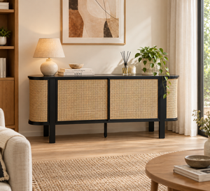 Mueble moderno de ratán con puertas de tablero, diseño elegante y minimalista, y compartimentos de almacenamiento prácticos, perfecto para una vida con estilo. - Product Image 6