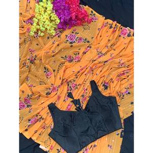 Ropa de fiesta con estampado de flores, secuencia de trabajo, Sari naranja - Product Image 1