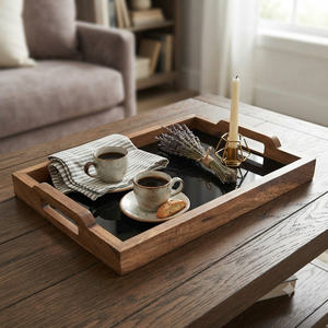 Plateau de service en bois de luxe avec base en marbre noir, plateau décoratif artisanal pour le petit-déjeuner avec poignées pour la maison, l'hôtel et le restaurant - Product Image 4