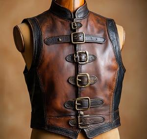 Men's <b>Black</b> Leather Buckle <b>Vest</b> Stand Collar Zipper Closure Outerwear - Product Image 1