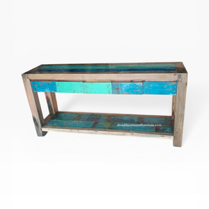 Rustic Teak Wooden <b>Console</b> <b>Table</b> 5 Drawers Eco-Friendly <b>Storage</b> Antique Design Villa Entryway Living Room Apartment Hotel - Product Image 4