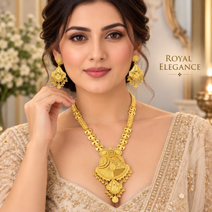 Ensemble Collier Long et Boucles d'Oreilles Géométriques pour Femme, en Cuivre et Laiton Poli Or 24K, Bijoux Indiens pour Mariage et Fêtes - Product Image 4