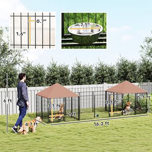 Grande Cuccia per Cani da Esterno con 2 Stanze, Ciotole Girevoli Regolabili in Altezza, Tettoia Impermeabile Anti-UV, Design Rettangolare, Spazio Interno - Product Image 3