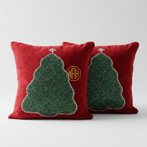 Funda de Cojín Navideña Cuadrada de Terciopelo Rojo y Verde, Hecha a Mano, con Cuentas Bordadas y Diseño Impreso, para Decoración del Hogar y Hoteles - Product Image 1