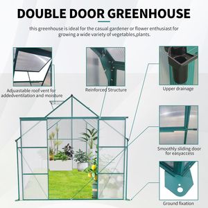 Serre de jardin double porte 8x10FT robuste en polycarbonate avec base surélevée et ancrage en aluminium pour jardins extérieurs - Product Image 6