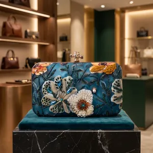 Luxury Half <b>Moon</b> Printed Embroidery Beaded Floral Fashion Clutch Bag for Women | Handmade Evening Wedding Party iPhone Fit Purse - Product Image 3