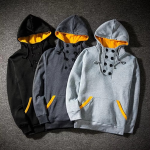 Sudadera con Capucha Negra para Hombre con Forro Amarillo y Bolsillos, Cierre de Botones, Estilo Casual, Corte Regular, para Otoño - Product Image 1