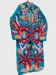 Chaqueta Larga de Terciopelo Bordada a Mano para Mujer, Talla Grande, Cuello Mandarín, Manga Larga, Estampado Floral, Ropa de Otoño - Product Image 2