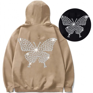 <b>Women</b> <b>Khaki</b> Oversized Rhinestone Butterfly Hoodie Fleece Pullover Sweatshirt Casual Streetwear <b>Top</b> - Product Image 1