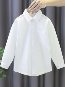 Back-to-School Season Kids' Long Sleeve White Shirt Fashionable School Uniform Shirt Unisex Single Pocket Style 100% Cotton - Product Image 4