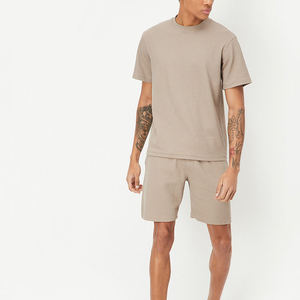 T-shirt à manches courtes pour homme, beige, col rond, coupe classique, tricoté, 100% coton, couleur unie - Product Image 1