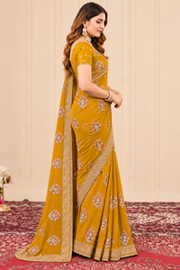 Vexotrend Emerald <b>Velvet</b> Satin <b>Saree</b> Floral Embroidery Border Women Traditional Wedding Wear India Pakistan Style Wrinkle Free - Product Image 5