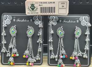 Boucles d'oreilles pendantes paon en argent oxydé indien, clous en forme de goutte, longue chaîne, bijoux Ghungroo à pampilles, vente en gros par paire - Product Image 3
