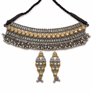Ensemble Collier Ras-du-Cou et Boucles d'Oreilles Bohèmes Ghungroo Bicolore Argent et Or pour Amoureux, Vente en Gros, Fournisseur en Gros pour Femmes, Fiançailles et Mariage - Product Image 5