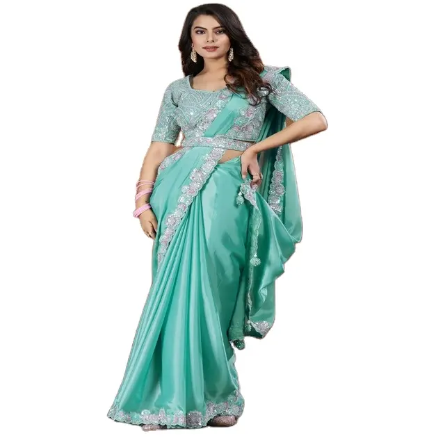 Damen Hochzeitskleidung fancy Satin Seiden-Creepsaree mit Bluse genähtes Sari mit Bluse Export und Herstellung aus Indien