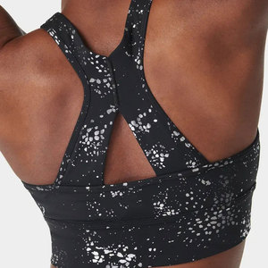 Sujetador deportivo sin costuras con cuello en V profundo para mujer, tirantes cruzados, malla sólida/a cuadros, alta sujeción, ropa de yoga y fitness, transpirable, de secado rápido - Product Image 3