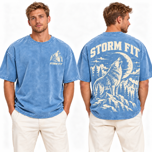 T-shirt bleu surdimensionné pour homme Storm Fit, manches courtes, col rond, imprimé loup, jersey de coton respirant, délavé à l'acide, style streetwear décontracté - Product Image 1