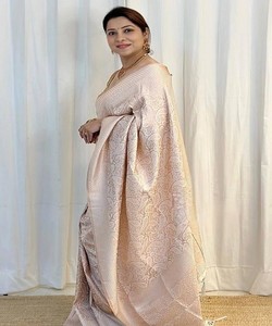 Light Pink Silk Saree Traditional Indian Wedding Wear Banarasi Style Draped With Border Pattern <b>Floor</b>-Length Women's Sari - Product Image 3