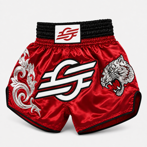 Shorts de boxe rouges avec broderie de tigre et logo sur le devant pour adultes unisexes, coupe classique, légers, séchage rapide - Product Image 4
