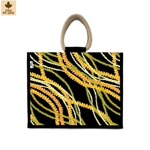 Sac de plage en jute noir laminé PP rayé multicolore personnalisé 40x32x15.5cm avec logo imprimé, vente en gros, OEM, ODM, marque privée - Product Image 1