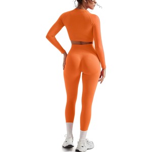 Conjunto de Yoga de 2 Piezas con Cintura Alta y Costuras Acanaladas en Color Naranja, Leggings Largos, Top Corto de Manga Larga con Cuello Redondo, Sin Costuras, de Spandex y Poliéster - Product Image 1