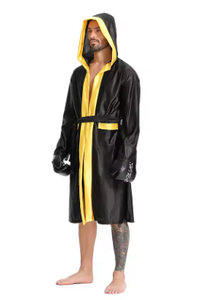 HAWK SPORTS INDUSTRIES HW-BR-001 Robe de boxe à capuche noire et jaune en satin, tenue d'entraînement durable en polyester pour toutes les saisons, MMA, Muay Thai - Product Image 6