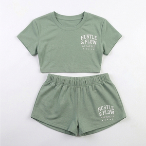 Hot Selling 100% Cotton Solid Color 2 Piece Women's Crop Top T-Shirt and Shorts <b>Twin</b> <b>Set</b> Latest Design Ladies <b>Twin</b> <b>Set</b> - Product Image 1