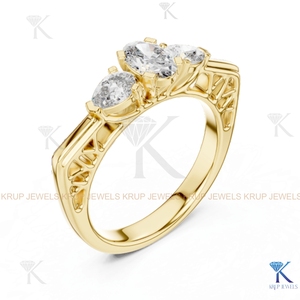 Anillo de Compromiso de Diamante CVD Cultivado en Laboratorio con 3 Piedras, Corte Oval y Pera, Oro Sólido - Product Image 2