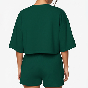 Top Selling Women's Green Two-Piece <b>Set</b> Cropped T-Shirt Shorts Casual Loose Fit Autumn Solid Polyester/Cotton Breathable <b>Knitted</b> - Product Image 4