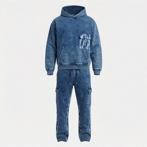 Custom Oversized Cropped Acid Wash <b>Distressed</b> Vintage Streetwear Hoodie Sweatpants Two Piece Set Men Winter Cotton Fit - Product Image 1