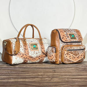 Genuine Hand <b>Tooled</b> Cowhide Leather Duffel Bag & <b>Backpack</b> Set Unisex Travel Luggage Turquoise Stone Matching 2 Piece Bag Sets - Product Image 3