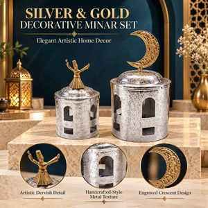Juego de decoración islámica de minarete plateado y dorado con luna creciente y derviche giratorio |   Adorno Metálico de Mesa para Regalo de Ramadán/Eid - Product Image 5