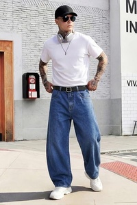 Men's Wide Leg <b>Jeans</b> High Waist Loose Fit Casual Denim Pants 100% Cotton Woven Material <b>Chain</b> Decoration - Product Image 2