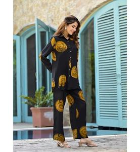 Chemise en mousseline noire et marron pour femme, à manches longues, boutonnée sur le devant, style décontracté et ensemble pyjama, prix de gros - Product Image 3