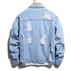 Light Wash Ripped Solid <b>Summer</b> 100% Cotton Denim <b>Jacket</b> <b>Men</b> Casual Turn-down Collar Button Front Streetwear - Product Image 4