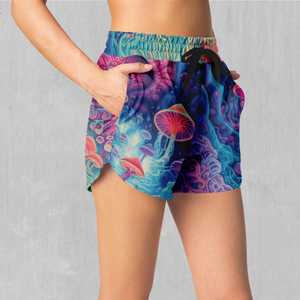Shorts de sport pour femmes, taille haute, séchage rapide, en tissu Oxford, avec fermeture éclair, bordure en dentelle, impression par transfert thermique, logo personnalisé - Product Image 6