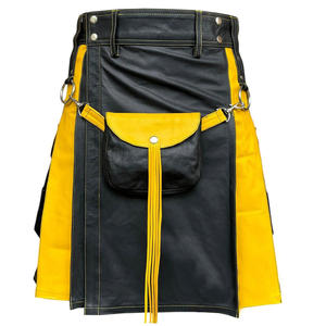 Black and <b>Yellow</b> Leather Kilt with Sporran Bag - Scottish Highland Wears for Men - Product Image 1